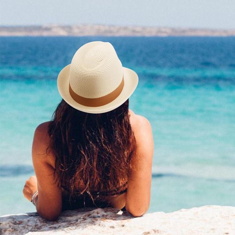 DRESHOW Women Straw Panama Hat Travel Fedora Beach Sun Hat Summer Wide Brim Straw Roll up Hat UPF 50+ - Image 5